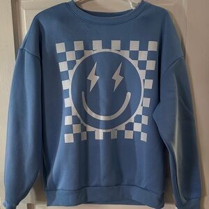 Blue Smiley Face Checkered Sweater